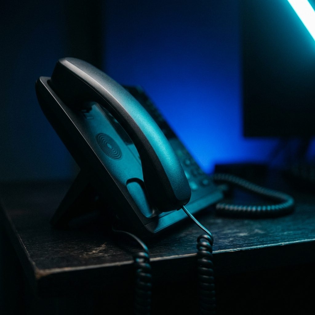 Someone answering a desk phone in a small office