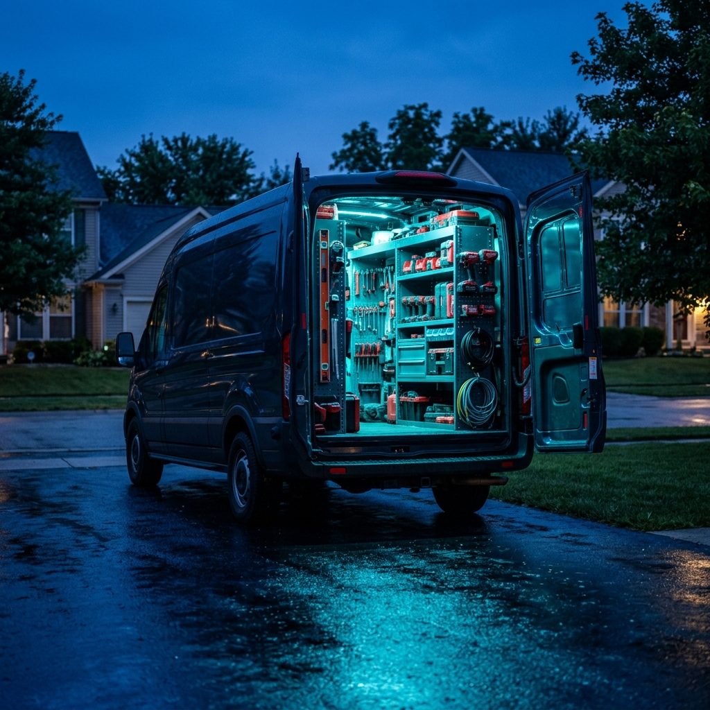A work van being fitted out in a workshop