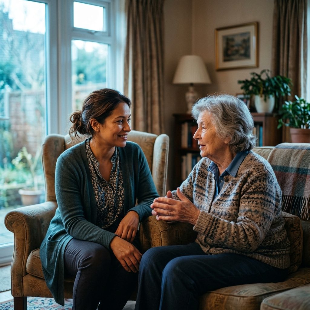 A caregiver sitting with an older client